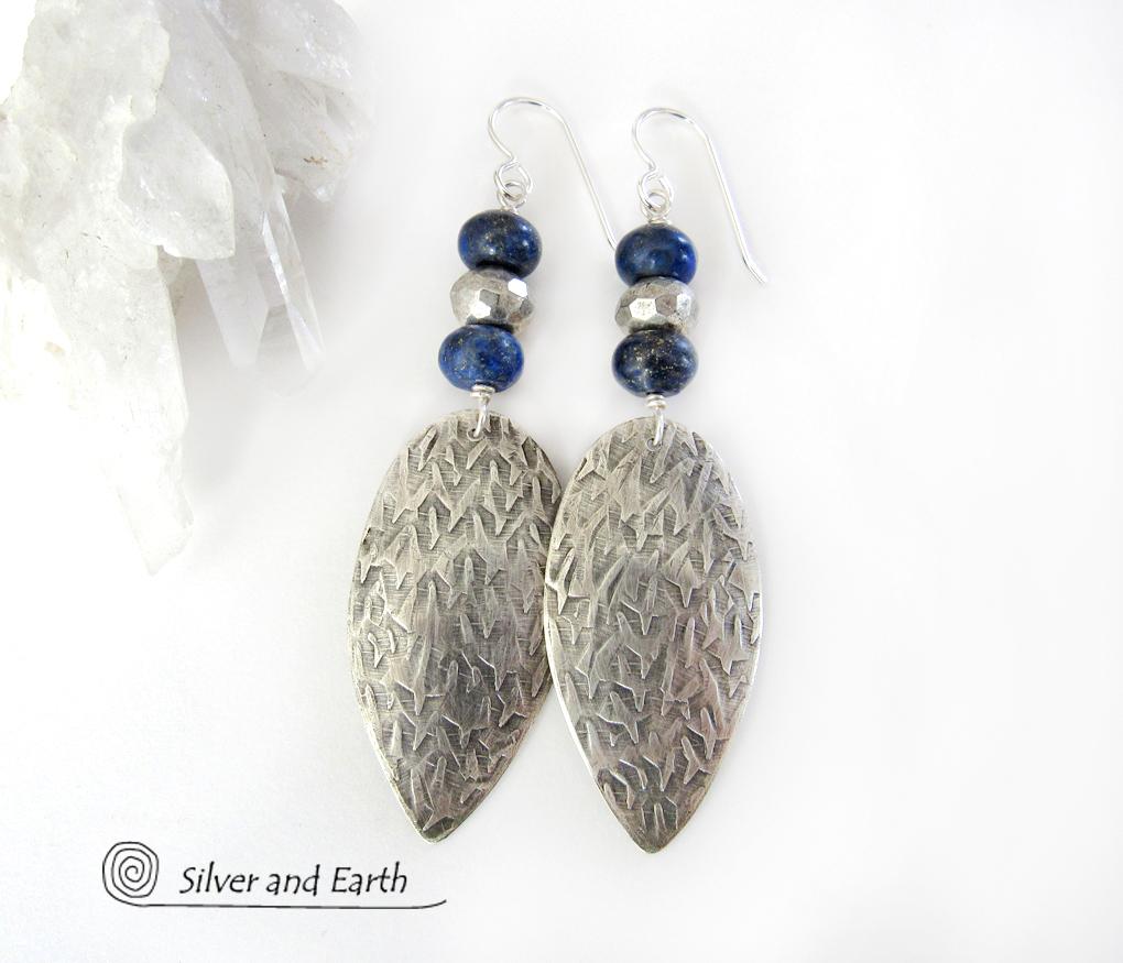 Sterling Silver Earrings with Blue Lapis & Pyrite Gemstones - Modern Jewelry