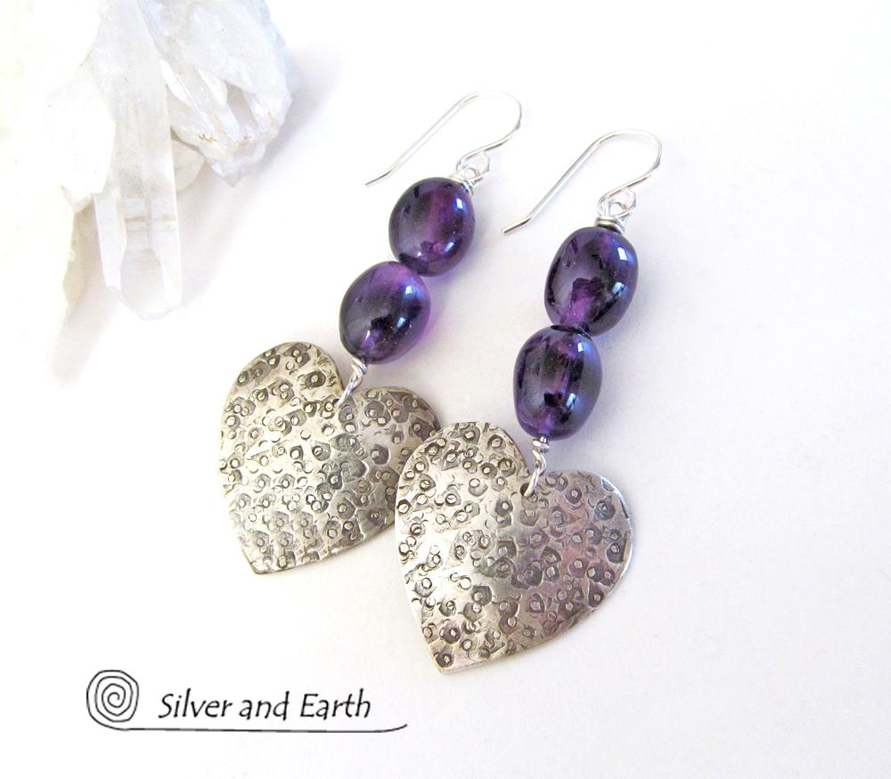 Sterling Silver Heart Earrings with Amethyst Gemstones - Romantic Heart Jewelry
