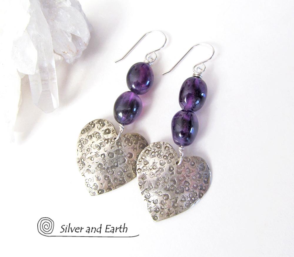 Sterling Silver Heart Earrings with Amethyst Gemstones - Romantic Heart Jewelry