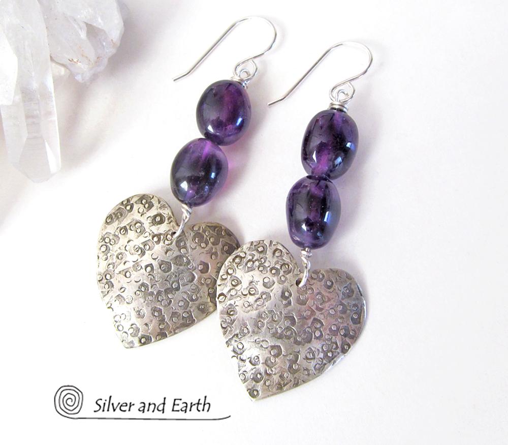 Sterling Silver Heart Earrings with Amethyst Gemstones - Romantic Heart Jewelry