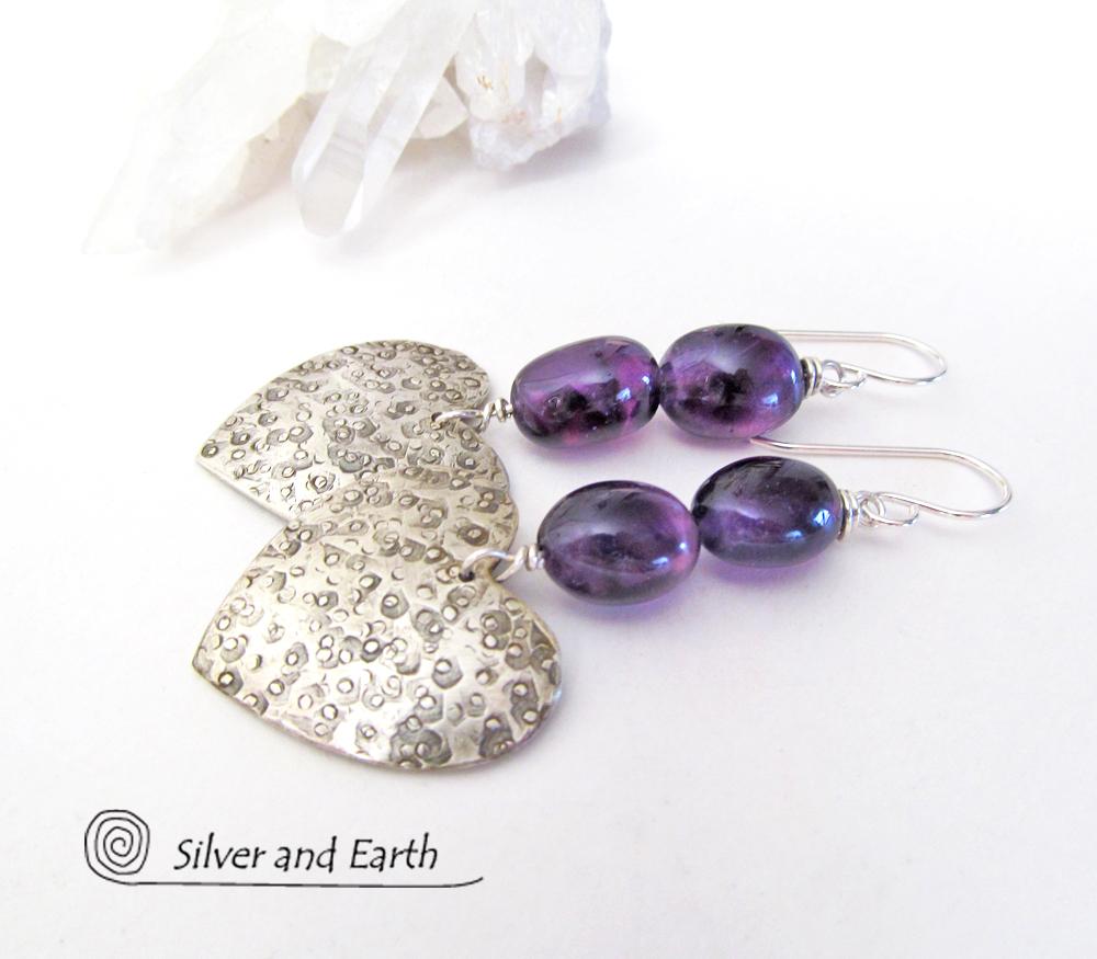 Sterling Silver Heart Earrings with Amethyst Gemstones - Romantic Heart Jewelry