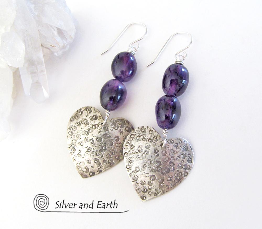 Sterling Silver Heart Earrings with Amethyst Gemstones - Romantic Heart Jewelry