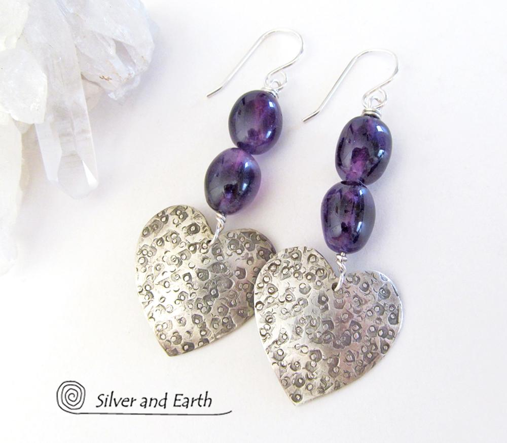 Sterling Silver Heart Earrings with Amethyst Gemstones - Romantic Heart Jewelry