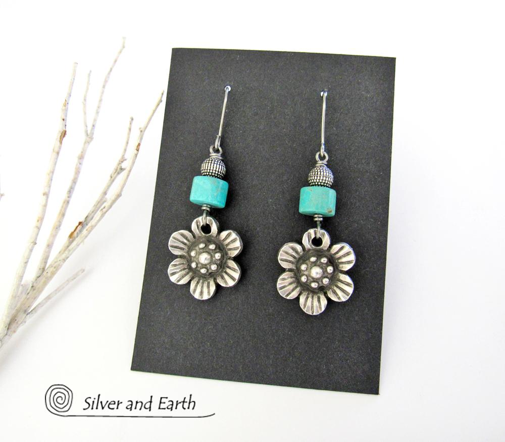 Silver Pewter Flower Earrings with Turquoise - Nature Jewelry Gifts for Her