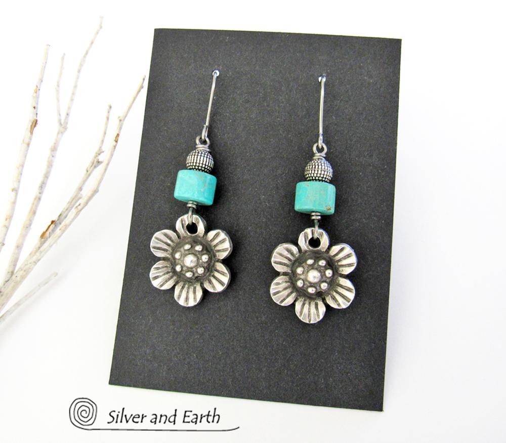 Silver Pewter Flower Earrings with Turquoise - Nature Jewelry Gifts for Her
