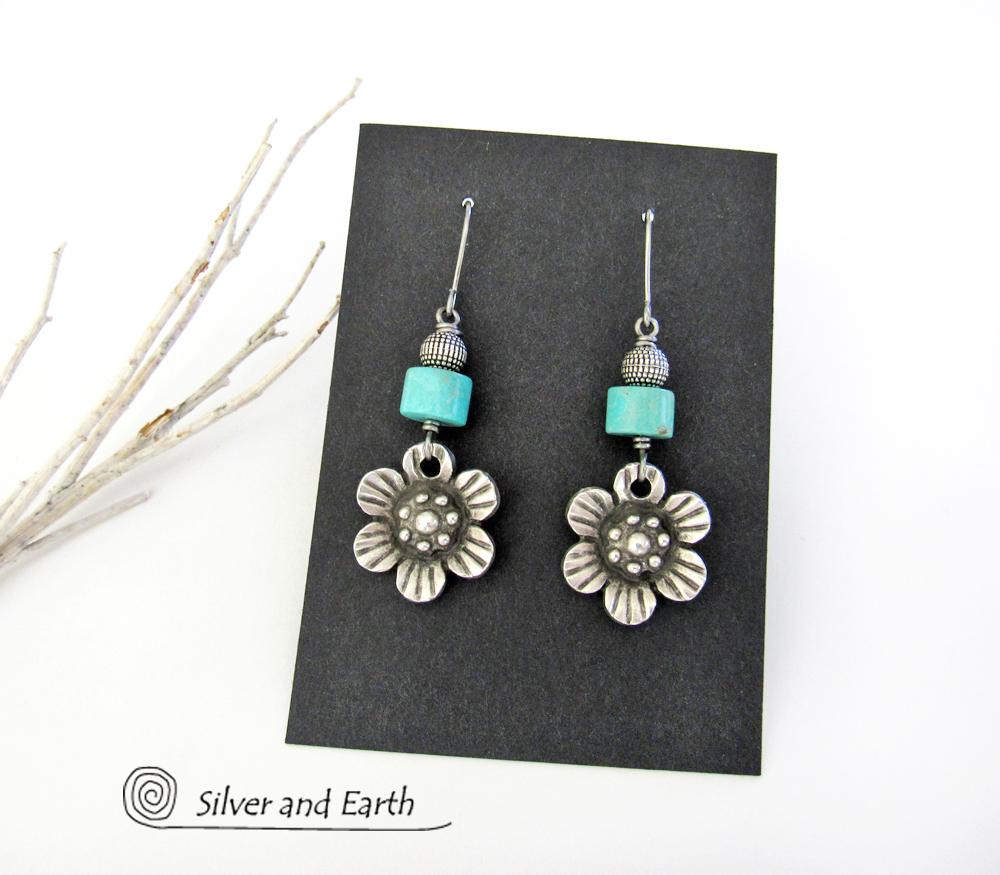 Silver Pewter Flower Earrings with Turquoise - Nature Jewelry Gifts for Her