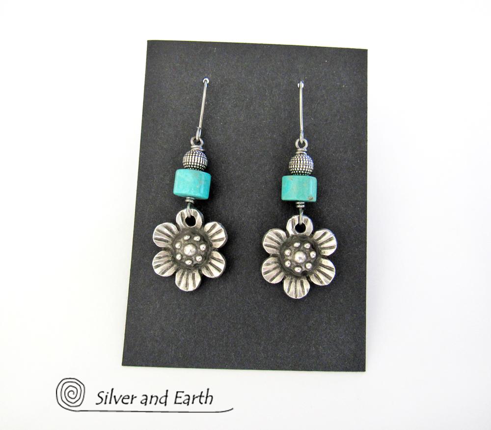 Silver Pewter Flower Earrings with Turquoise - Nature Jewelry Gifts for Her