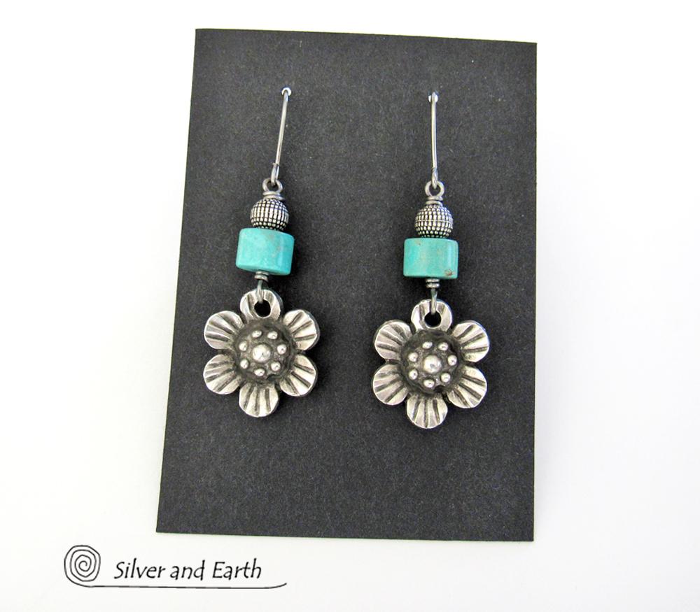 Silver Pewter Flower Earrings with Turquoise - Nature Jewelry Gifts for Her