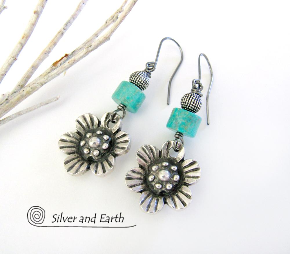 Silver Pewter Flower Earrings with Turquoise - Nature Jewelry Gifts for Her