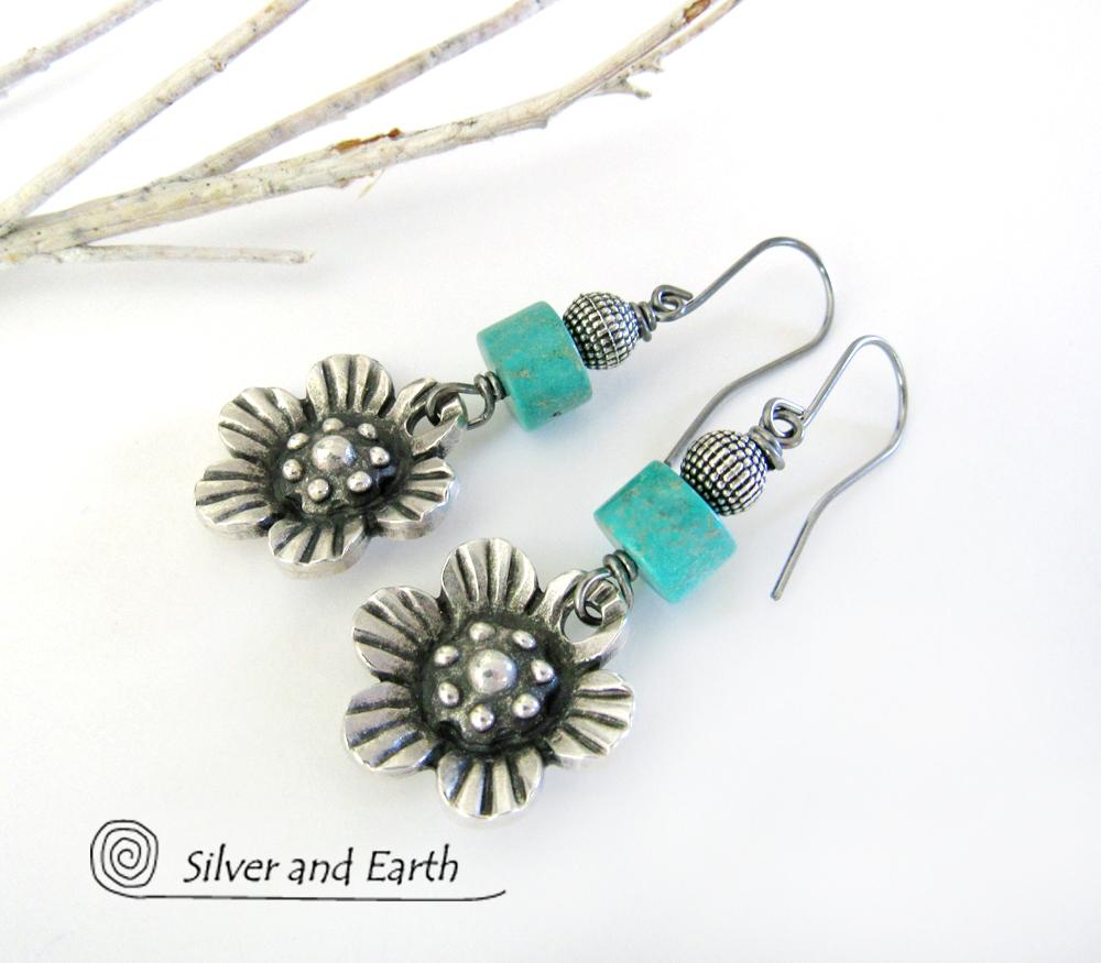 Silver Pewter Flower Earrings with Turquoise - Nature Jewelry Gifts for Her