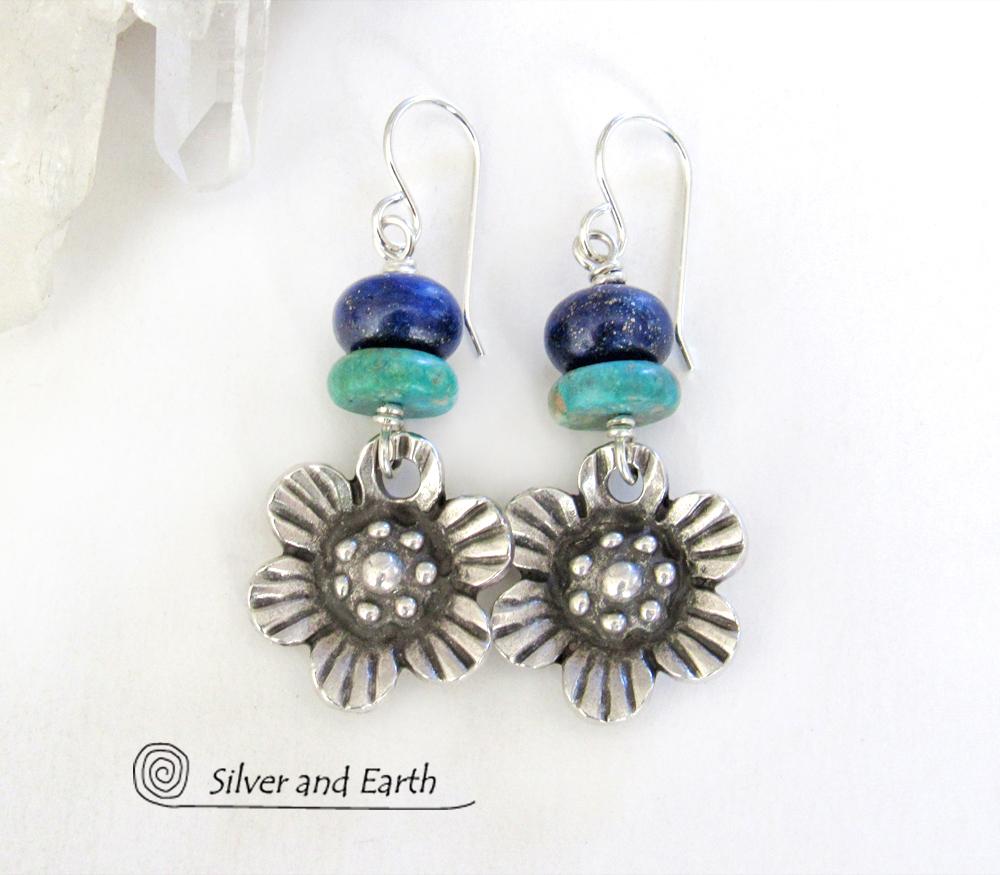 Silver Pewter Flower Earrings with Turquoise & Lapis - Nature Jewelry