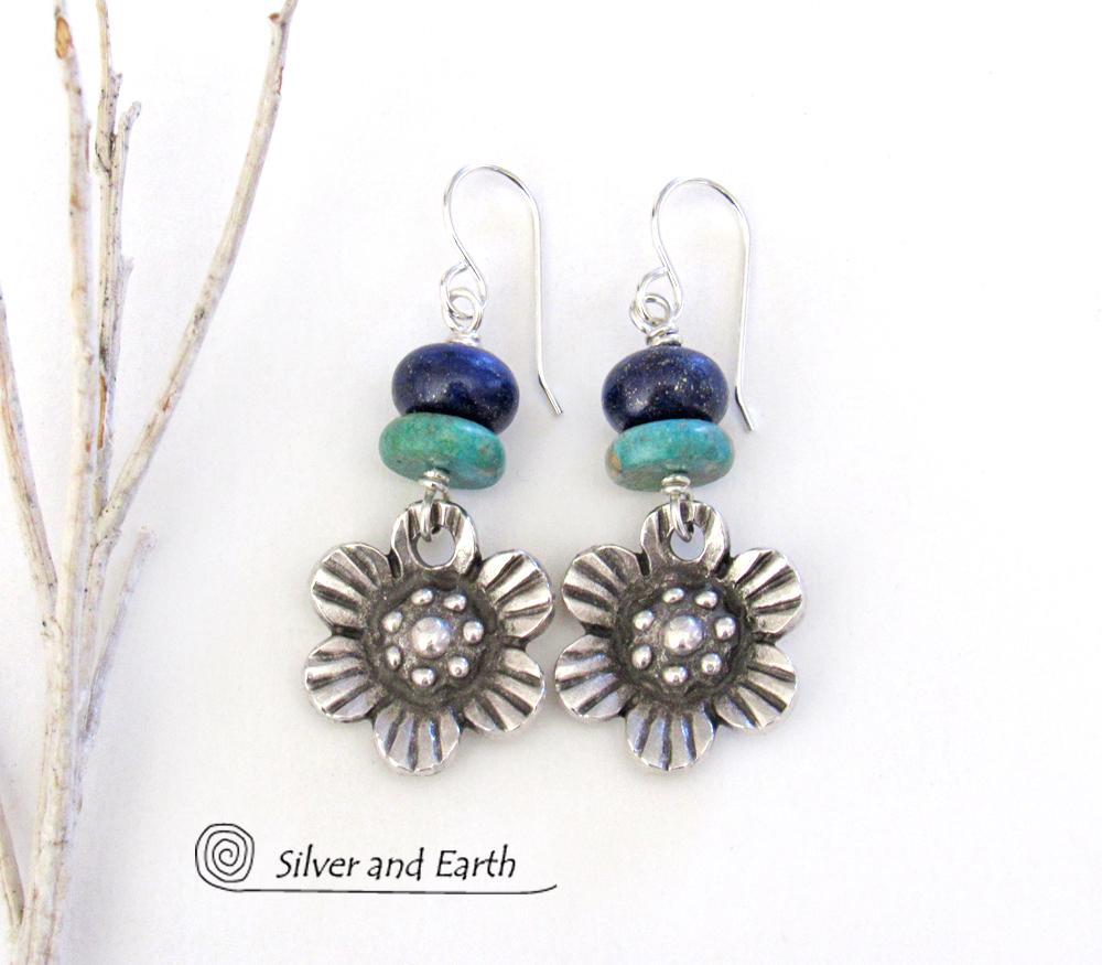 Silver Pewter Flower Earrings with Turquoise & Lapis - Nature Jewelry