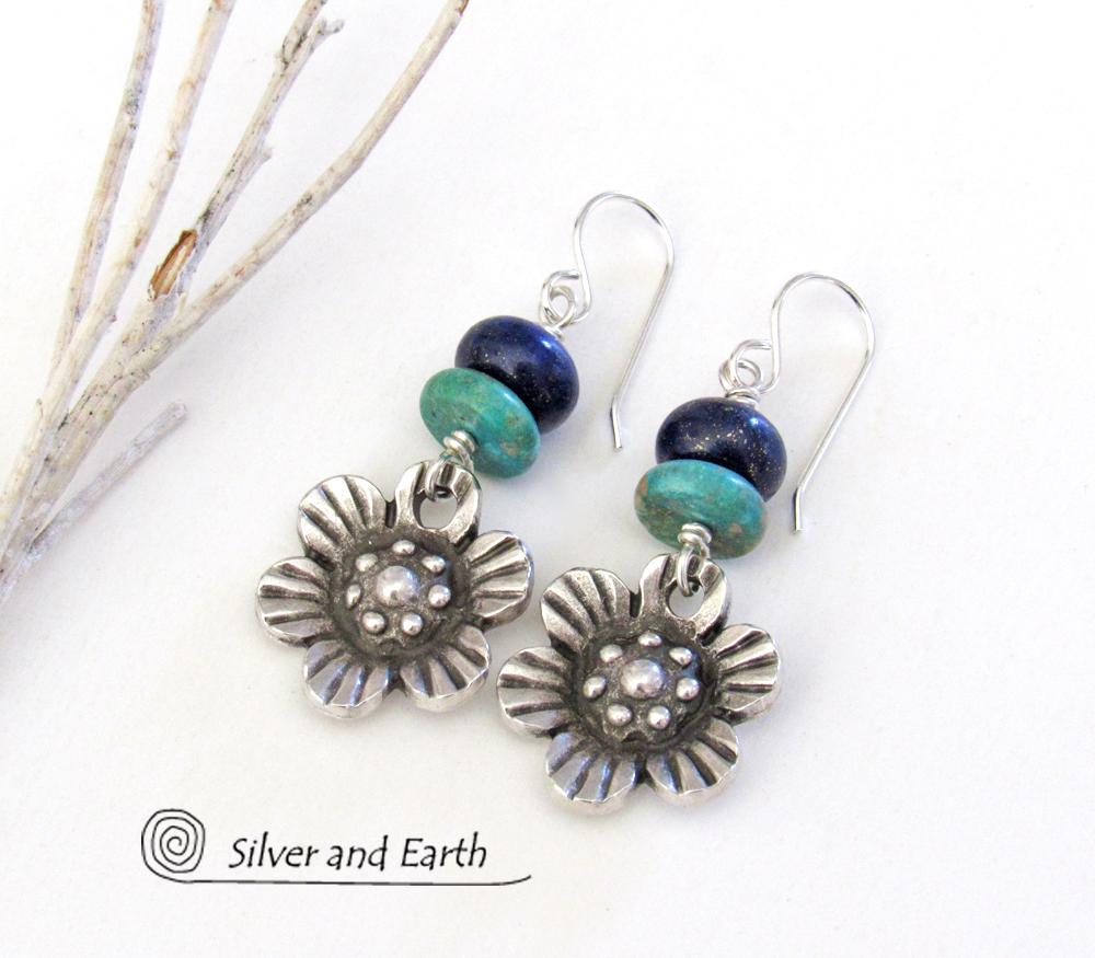 Silver Pewter Flower Earrings with Turquoise & Lapis - Nature Jewelry