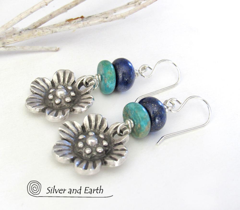 Silver Pewter Flower Earrings with Turquoise & Lapis - Nature Jewelry