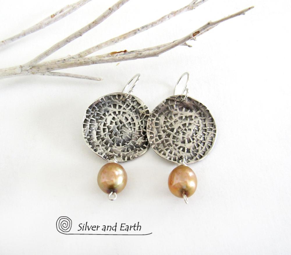 Small Sterling Silver Earrings with Dangling Gold Freshwater Pearls