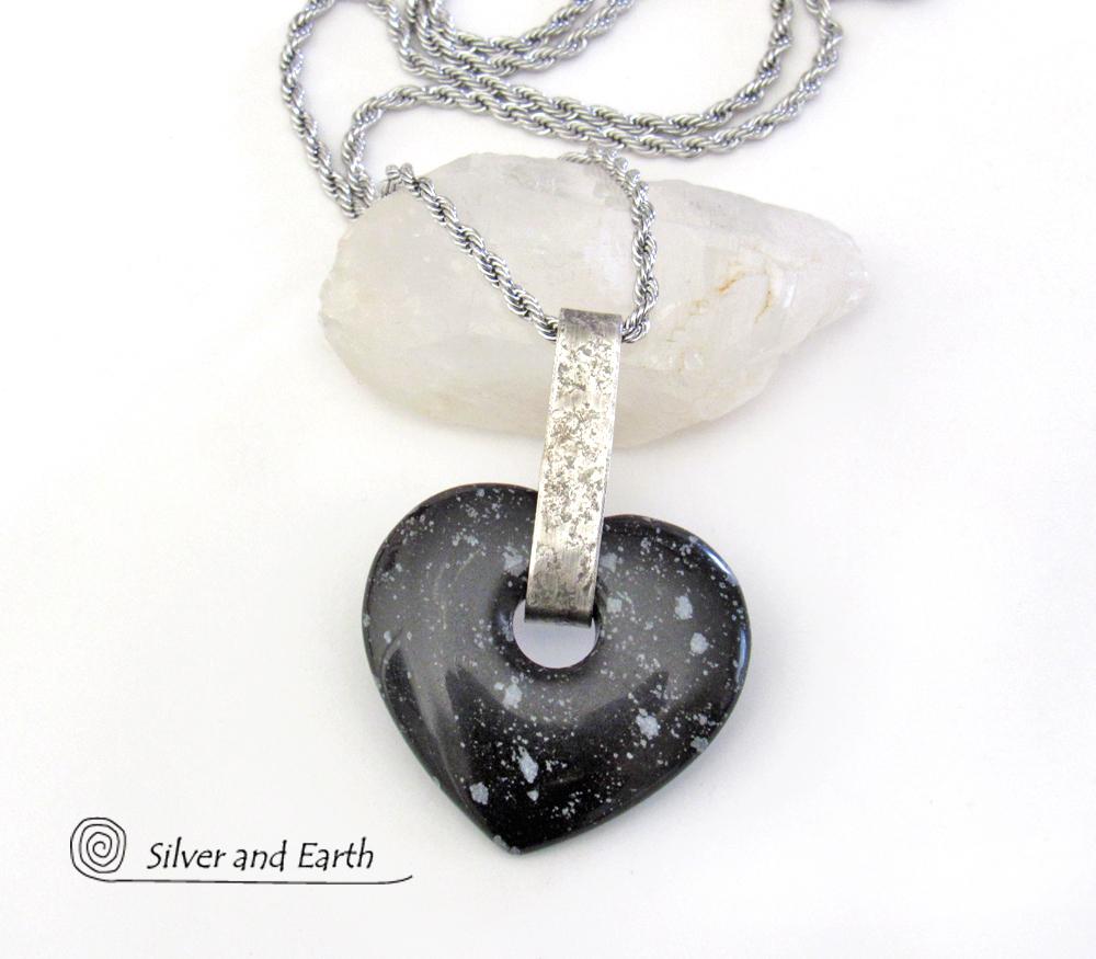 Snowflake Obsidian Heart Shaped Stone Necklace - Romantic Jewelry