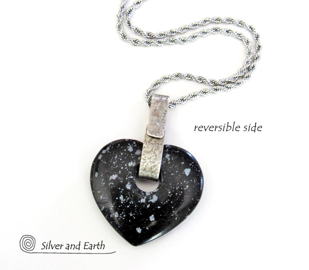 Snowflake Obsidian Heart Shaped Stone Necklace - Romantic Jewelry