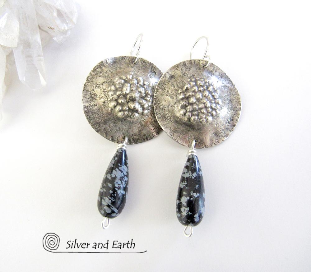 Sterling Silver Earrings with Snowflake Obsidian Stones - Unique Silver Jewelry