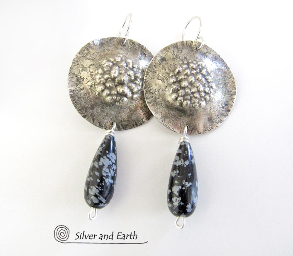 Sterling Silver Earrings with Snowflake Obsidian Stones - Unique Silver Jewelry