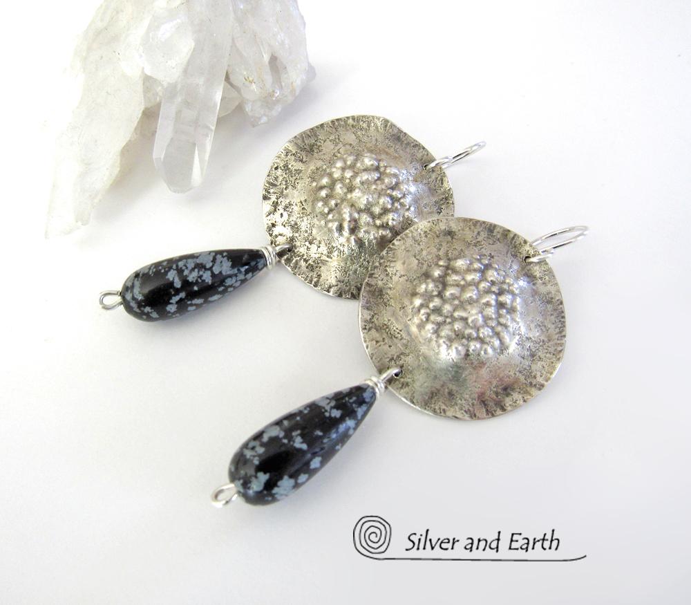 Sterling Silver Earrings with Snowflake Obsidian Stones - Unique Silver Jewelry