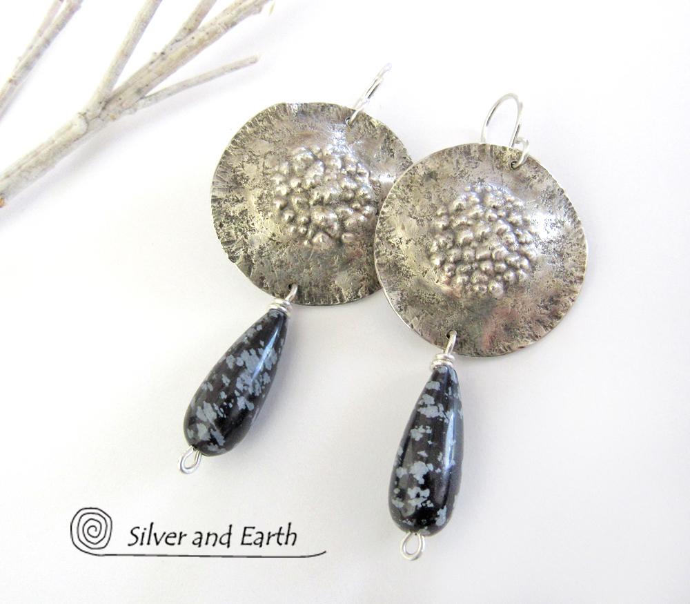 Sterling Silver Earrings with Snowflake Obsidian Stones - Unique Silver Jewelry