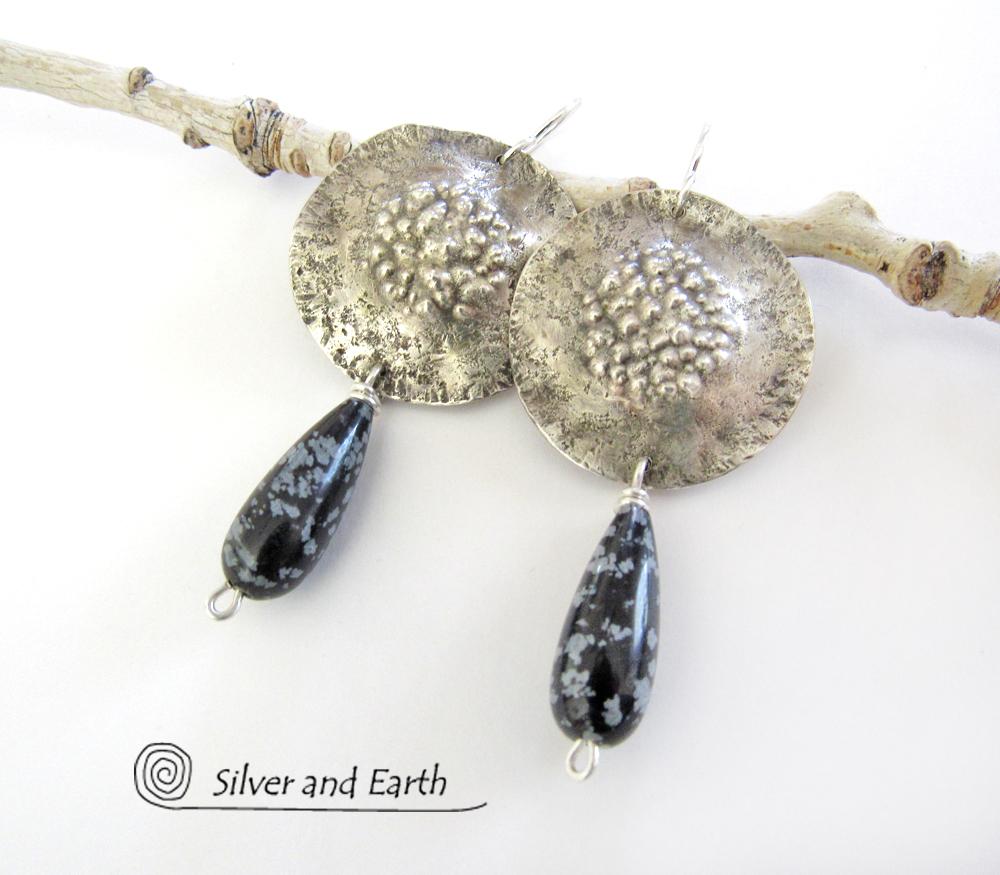 Sterling Silver Earrings with Snowflake Obsidian Stones - Unique Silver Jewelry