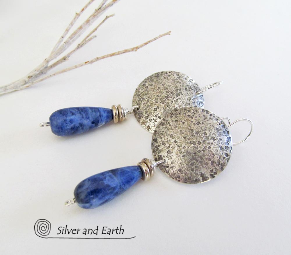 Sterling Silver Earrings with Blue Sodalite Gemstones - Modern Silver Jewelry