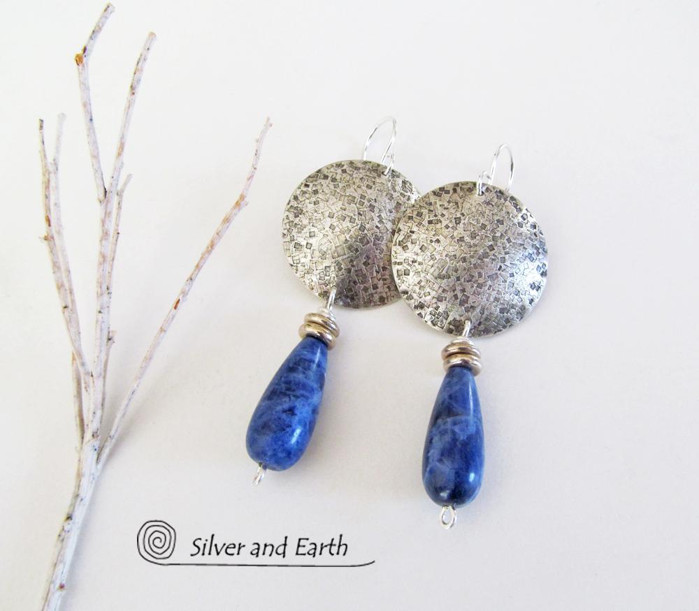 Sterling Silver Earrings with Blue Sodalite Gemstones - Modern Silver Jewelry