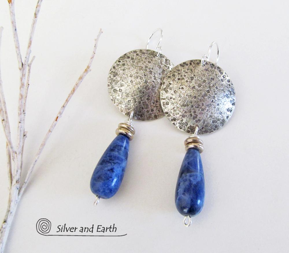 Sterling Silver Earrings with Blue Sodalite Gemstones - Modern Silver Jewelry