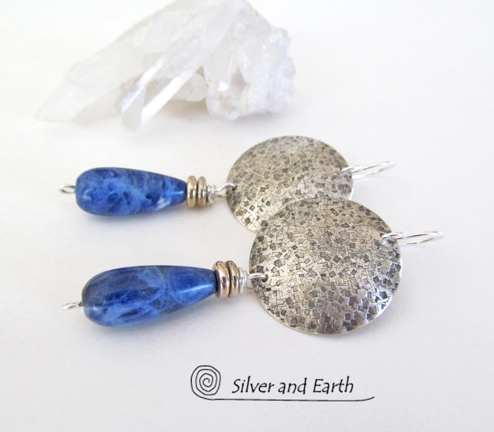 Sterling Silver Earrings with Blue Sodalite Gemstones - Modern Silver Jewelry