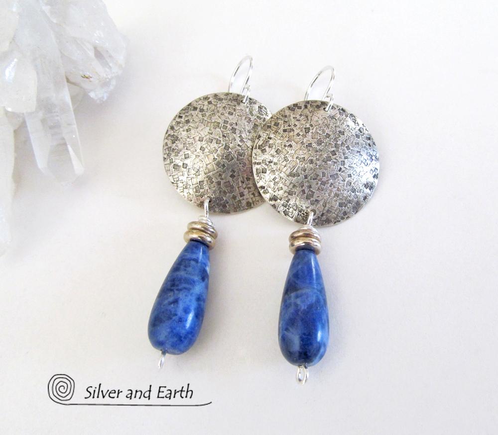 Sterling Silver Earrings with Blue Sodalite Gemstones - Modern Silver Jewelry