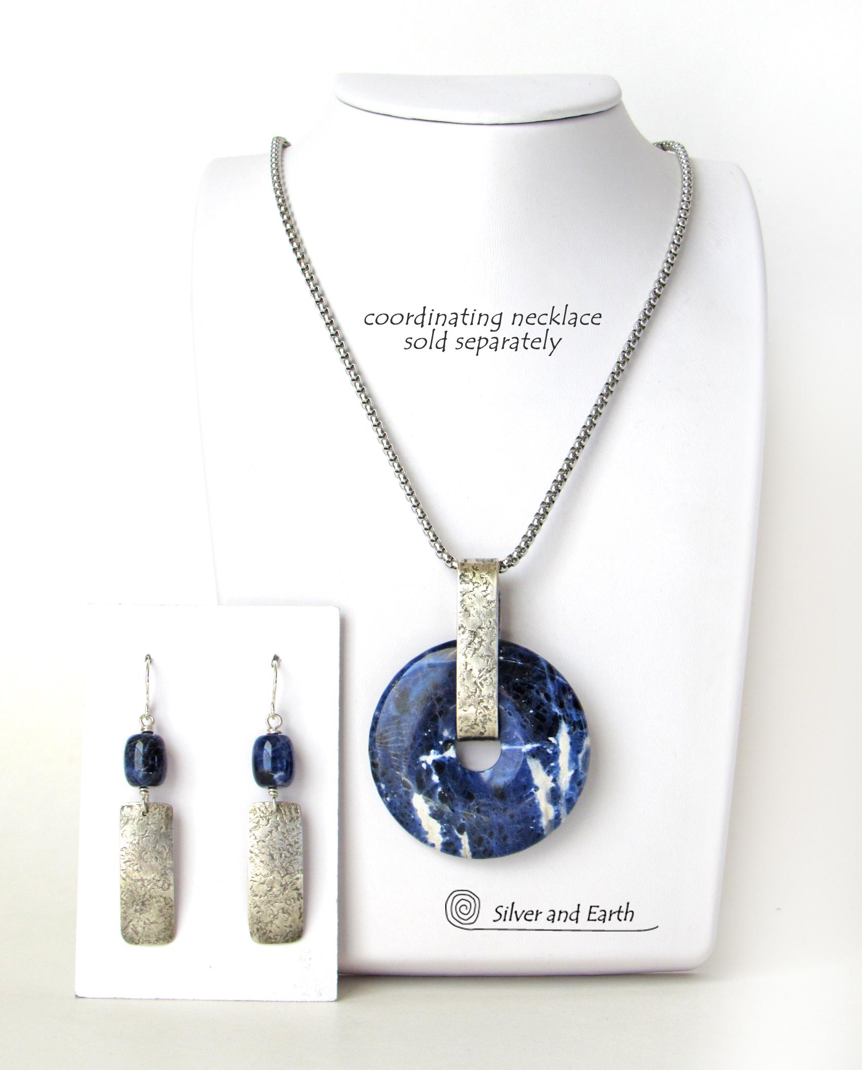 Sterling Silver Rectangle Earrings with Blue Sodalite Gemstones - Silver Jewelry