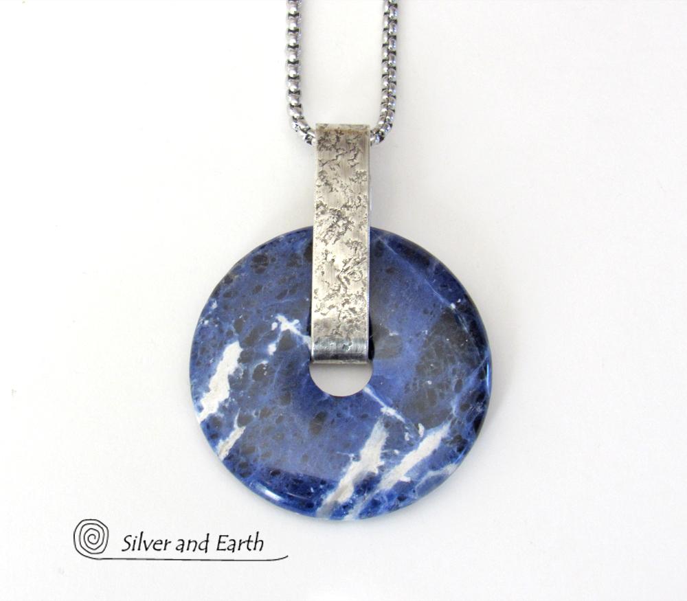 Blue Sodalite Gemstone Sterling Silver Pendant Necklace with Chain