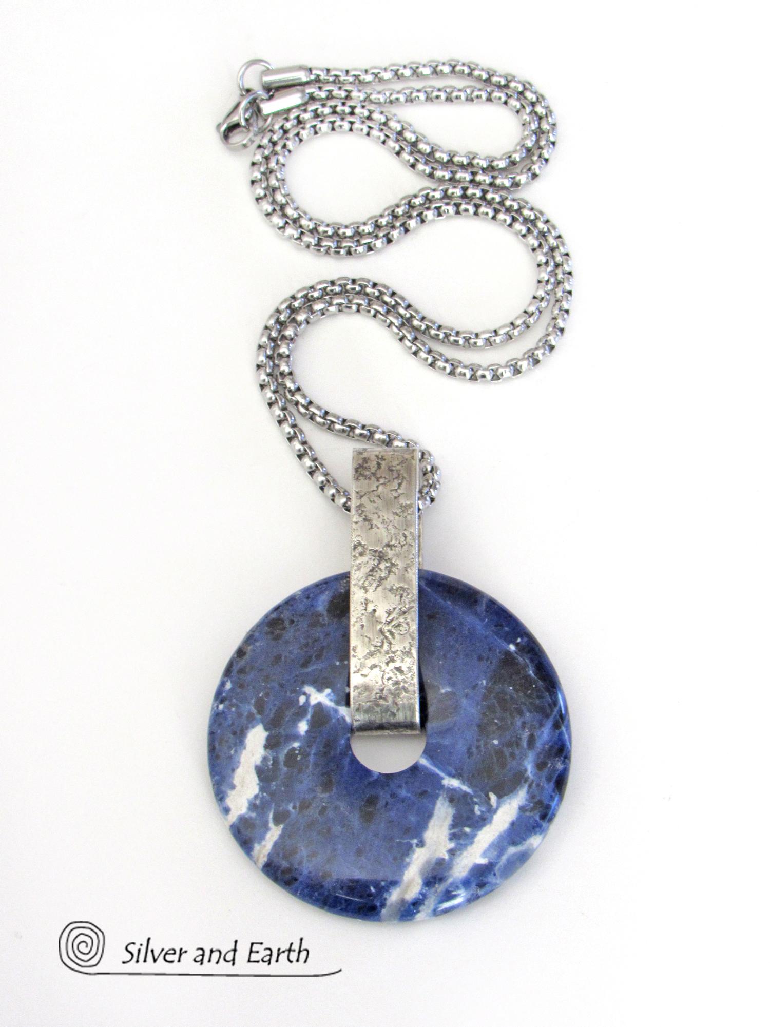 Blue Sodalite Gemstone Sterling Silver Pendant Necklace - Natural Stone Jewelry