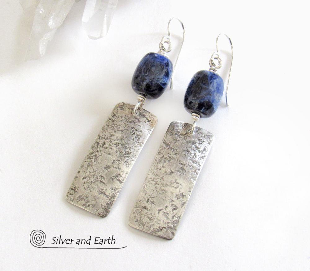 Sterling Silver Rectangle Earrings with Blue Sodalite Gemstones - Silver Jewelry