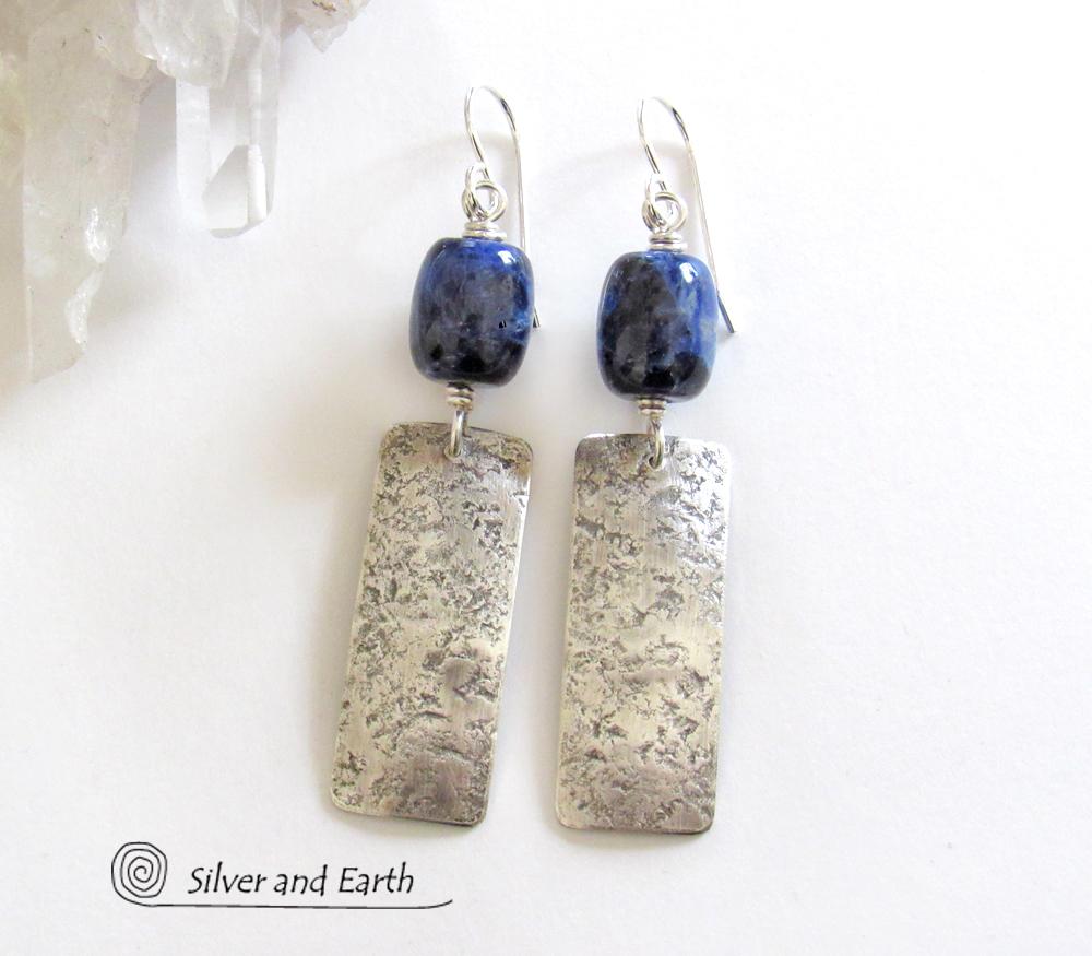 Sterling Silver Rectangle Earrings with Blue Sodalite Gemstones - Silver Jewelry