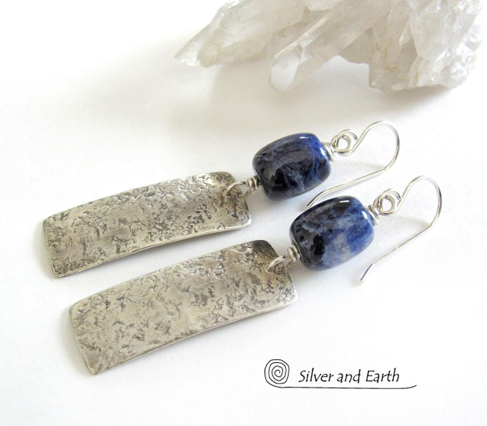 Sterling Silver Rectangle Earrings with Blue Sodalite Gemstones - Silver Jewelry