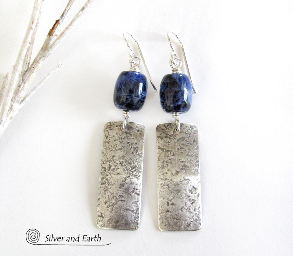 Sterling Silver Rectangle Earrings with Blue Sodalite Gemstones - Silver Jewelry