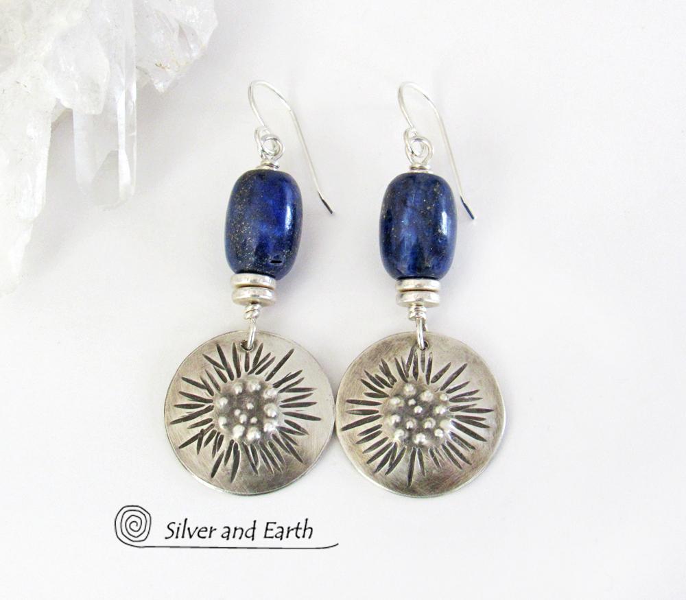 Sterling Silver Earrings with Blue Lapis Stones - Unique Jewelry