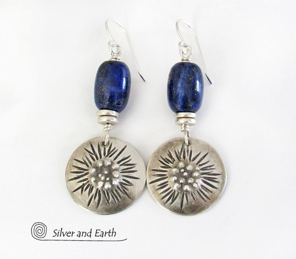 Sterling Silver Earrings with Blue Lapis Stones - Unique Jewelry