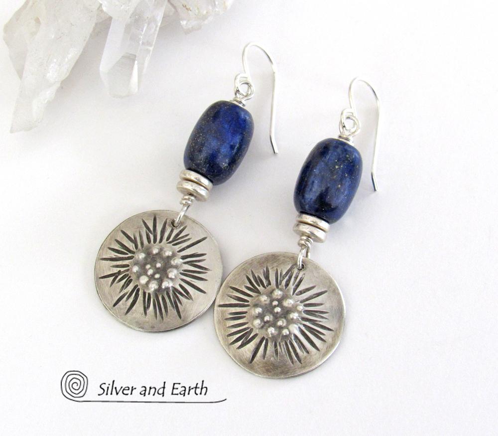 Sterling Silver Earrings with Blue Lapis Stones - Unique Jewelry