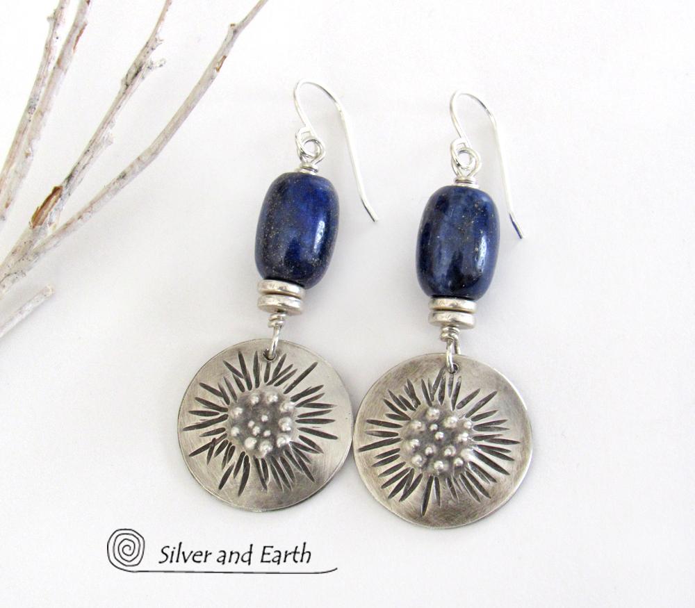 Sterling Silver Earrings with Blue Lapis Stones - Unique Jewelry