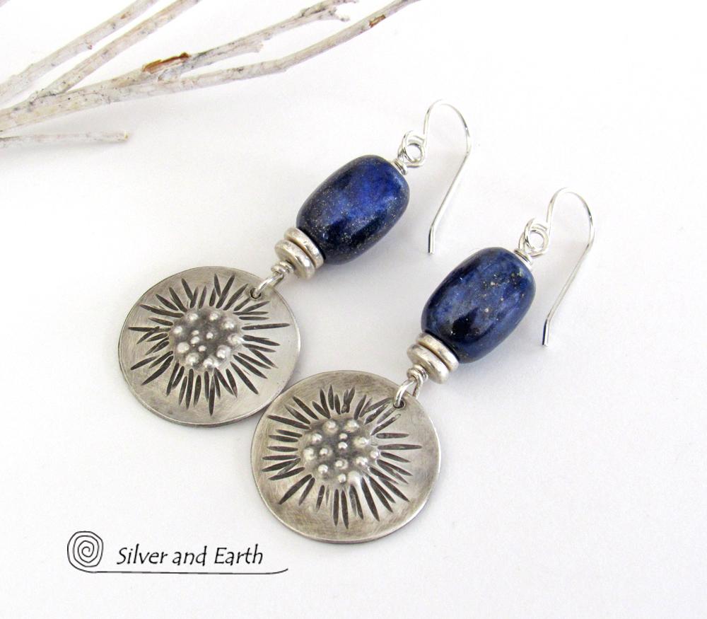 Sterling Silver Earrings with Blue Lapis Stones - Unique Jewelry