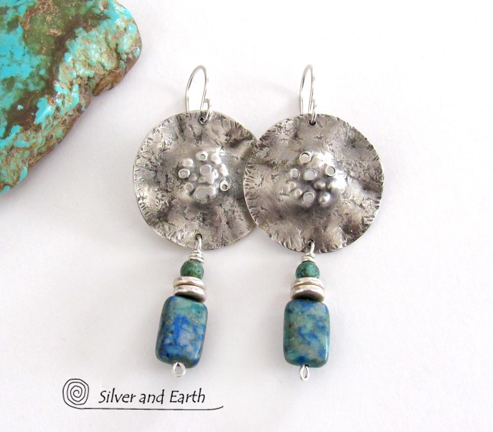 Modern Sterling Silver Earrings with Azurite Malachite & Turquoise Stones