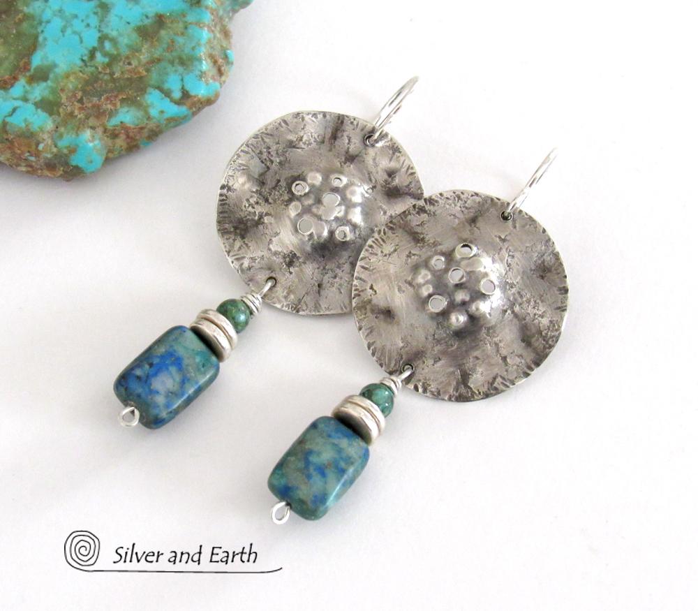 Modern Sterling Silver Earrings with Azurite Malachite & Turquoise Stones