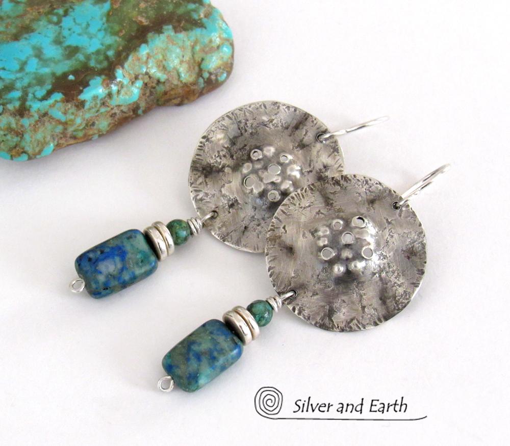 Modern Sterling Silver Earrings with Azurite Malachite & Turquoise Stones