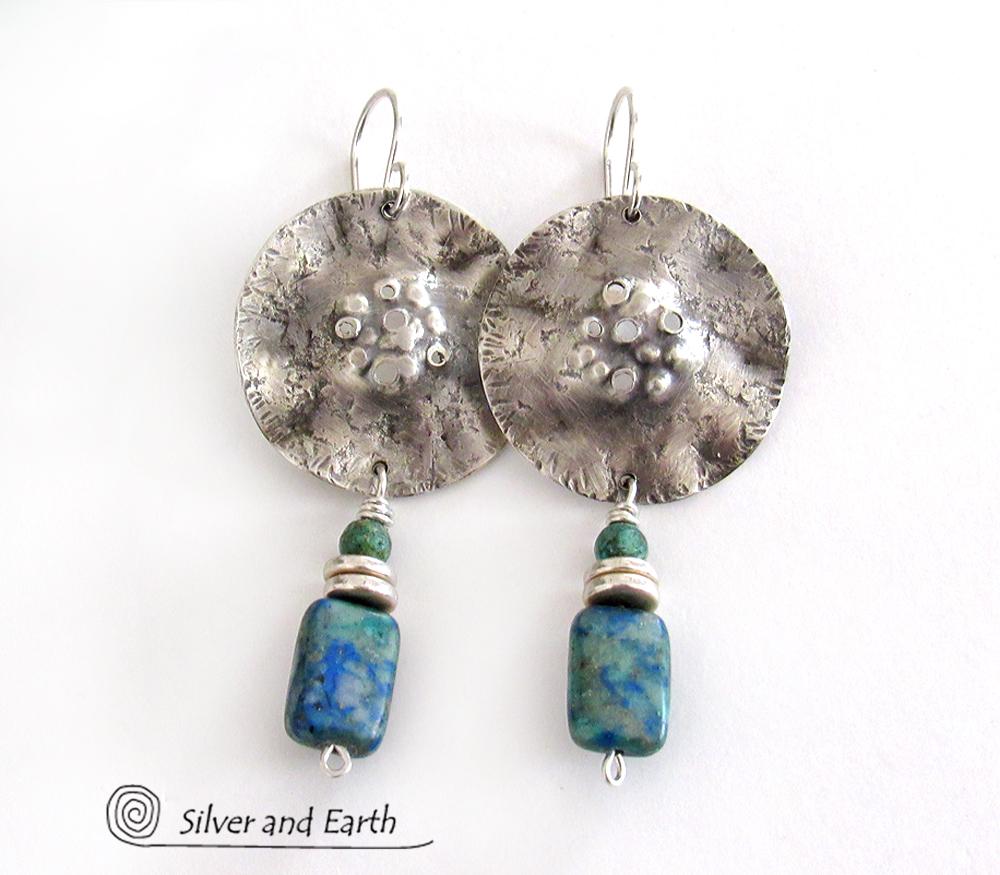 Modern Sterling Silver Earrings with Azurite Malachite & Turquoise Stones