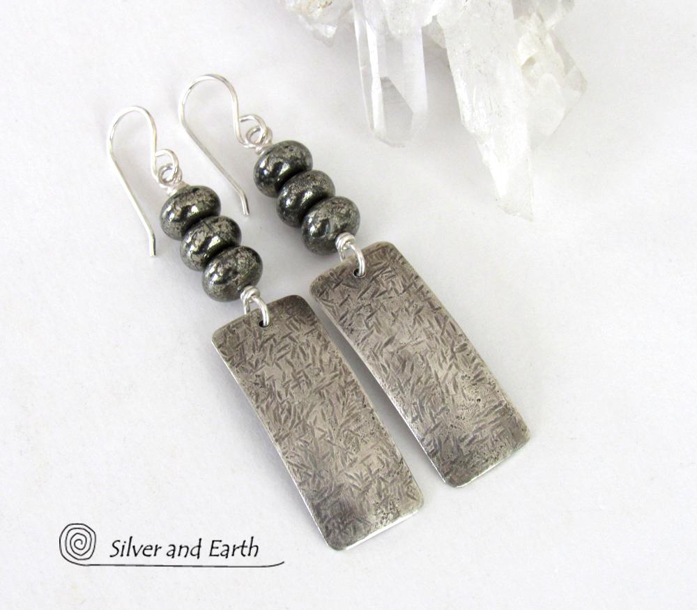 Sterling Silver Earrings with Natural Gray Pyrite Gemstones - Modern Jewelry