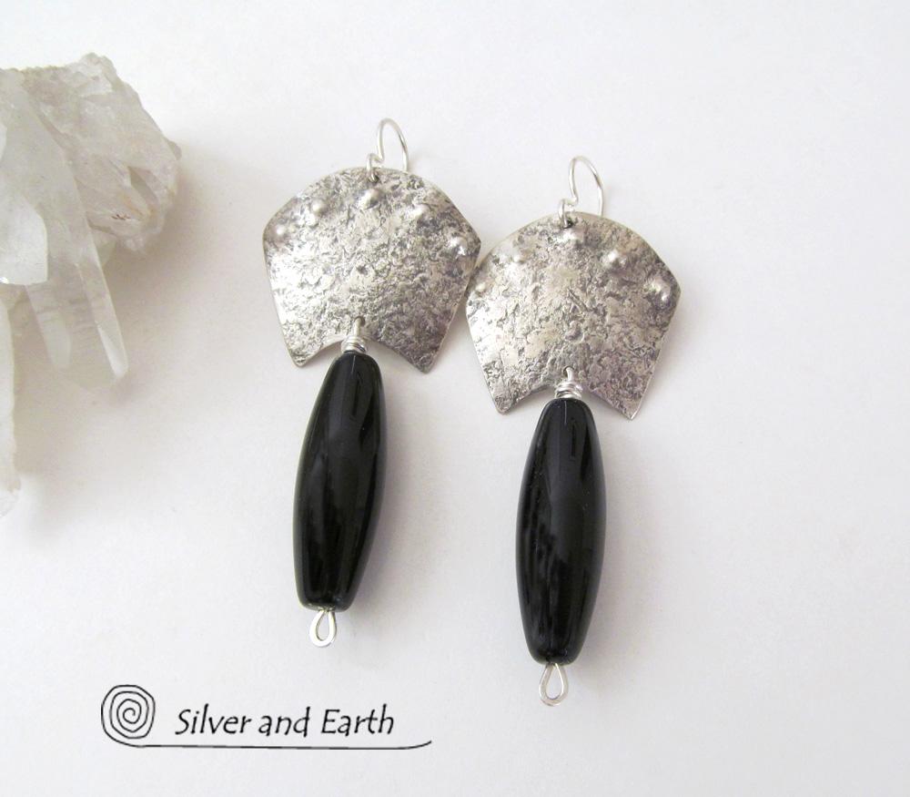 Sterling Silver Egyptian Earrings with Onyx Gemstones - Bold Exotic Jewelry