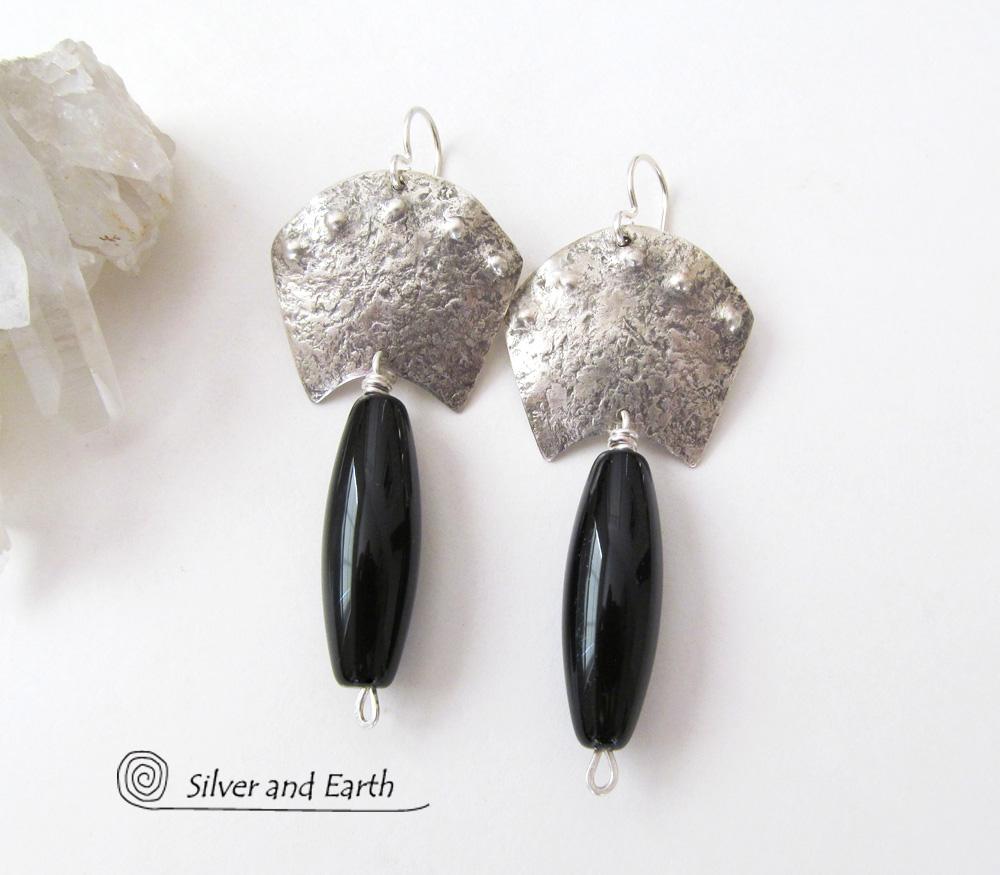 Sterling Silver Egyptian Earrings with Onyx Gemstones - Bold Exotic Jewelry